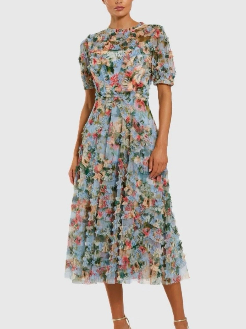 Mac Duggal Pastel Blue Floral Micro Ruffle Midi Dress